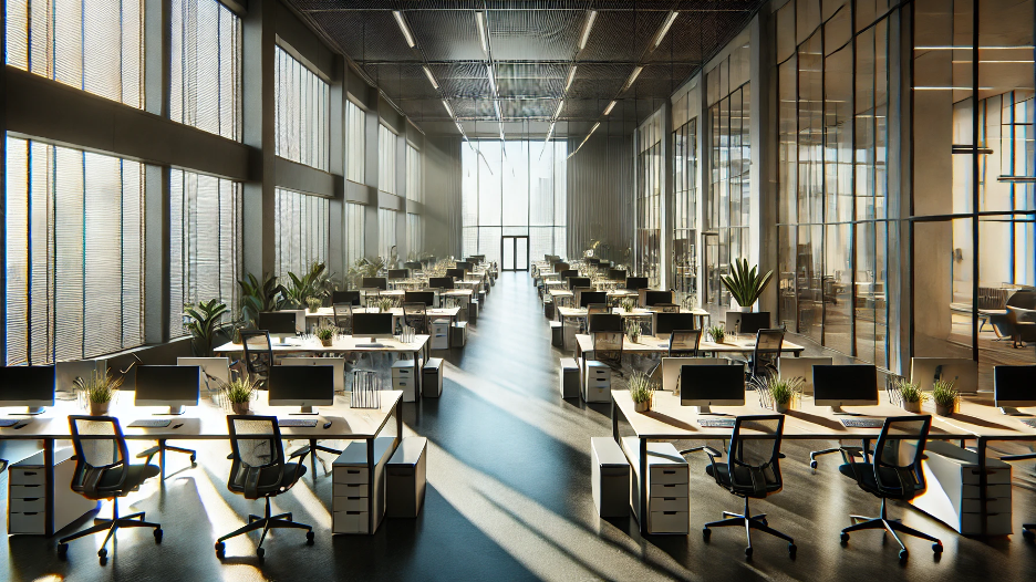 Photo of a modern office with rows of empty desks and chairs, symbolizing underutilized space and the hidden waste in workplace design.