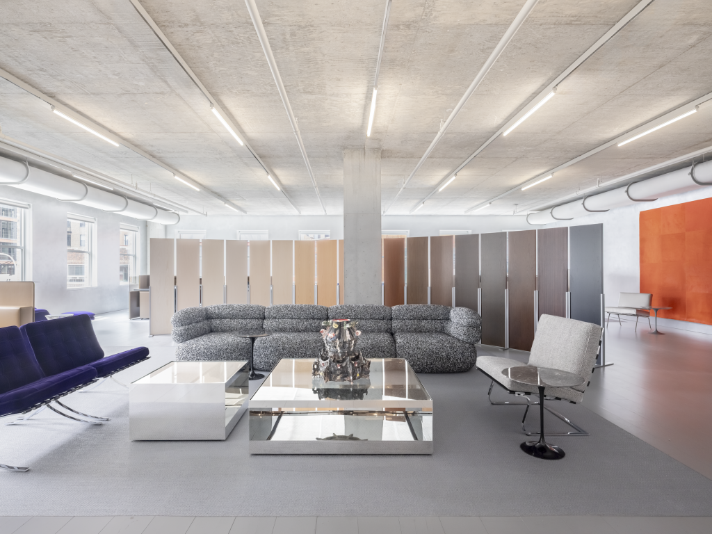Knoll's Biboni sofa and Barcelona chair in violet