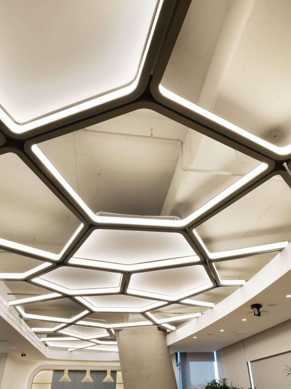 Detail of Molecular-Shaped Lighting Installation in the Townhall, Designed by Mimaristudio